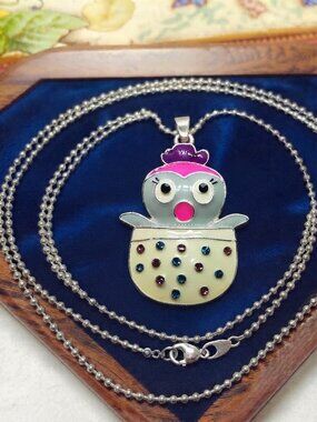 New rhinestone Hatchimal bird hatching out of egg pendant necklace, 17 inch